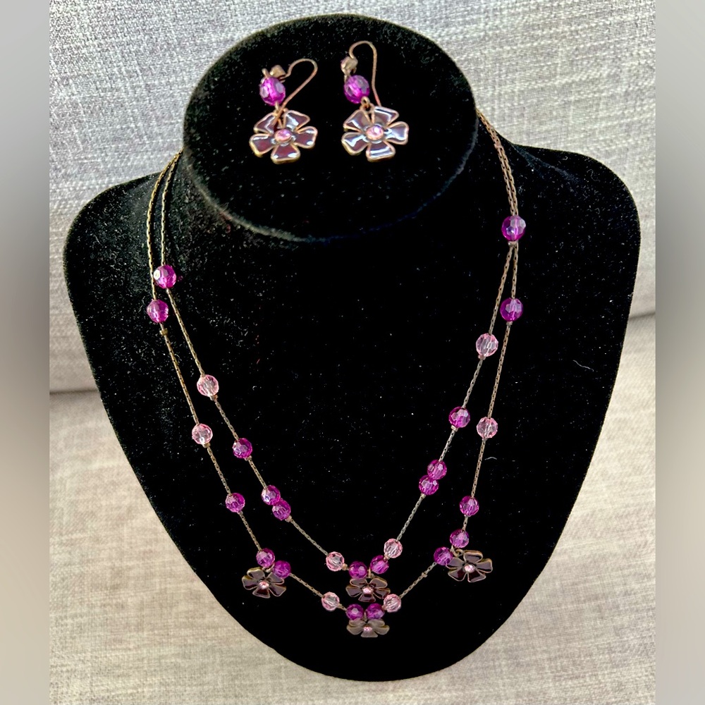 1928 2-piece statement necklace and dangle earrings set in pink & purple crystal